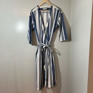 Madewell Wrap Dress Women's Medium Striped Blue  Linen Cotton Blend Coastal